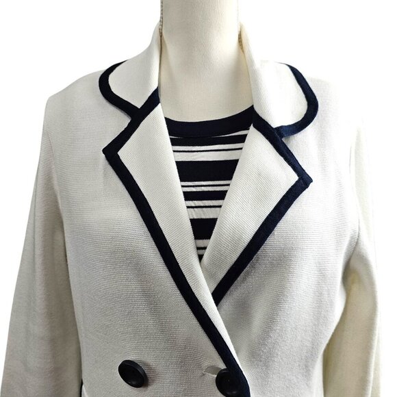 Talbots Knit Double Breast Ivory & Navy Blazer Stripe Cotton Midi Dress Set - Picture 4 of 12